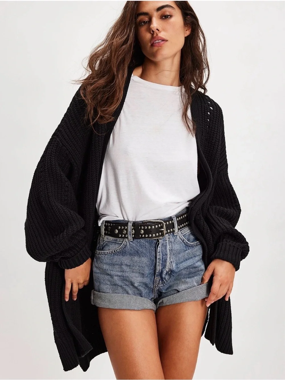 Free People Black Nightingale Cardigan Sweater Oversized Chunky Knit Slouchy L